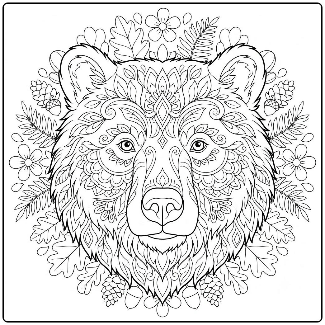 Ornate brown bear face filled with symmetrical floral and leaf mandala patterns