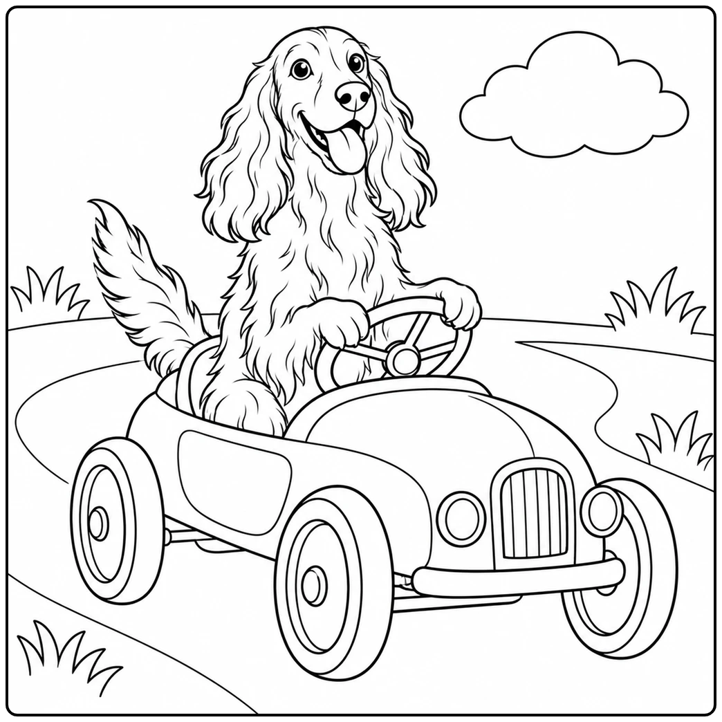 Joyful dog drives a pedal car on a winding road in this irish setter coloring page