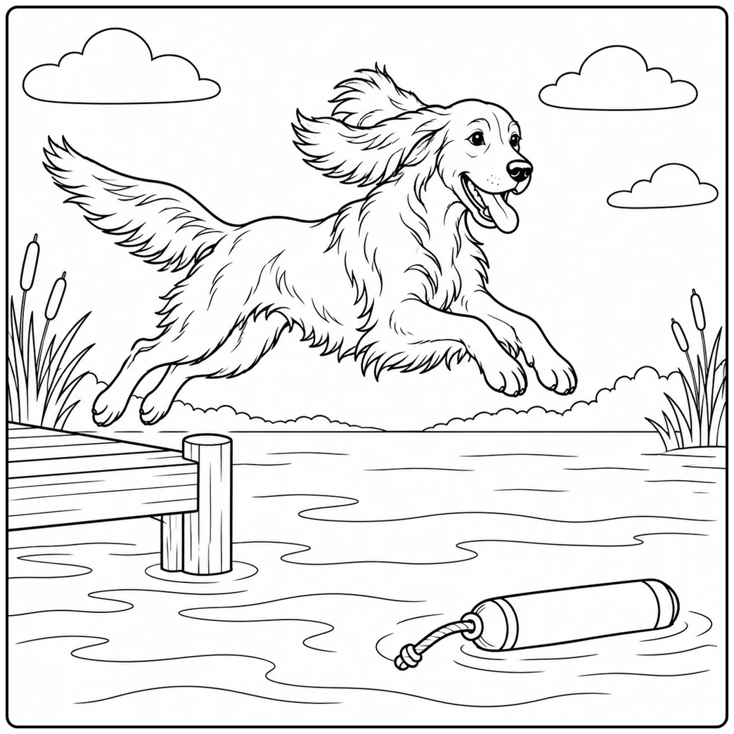 Energetic Irish Setter leaps from a wooden dock toward a large floating toy in the water