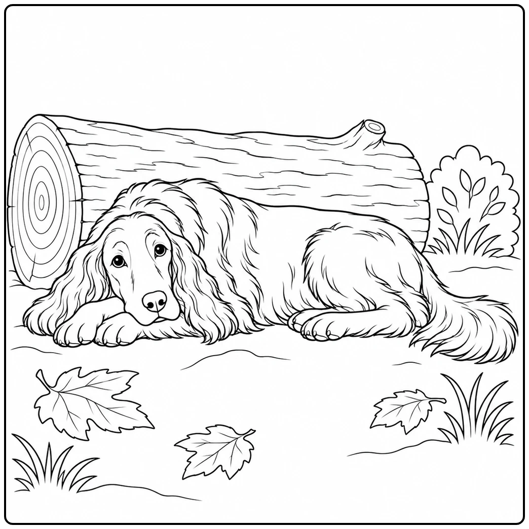 Relaxed Irish Setter lies beside a large fallen log with its head resting on front paws