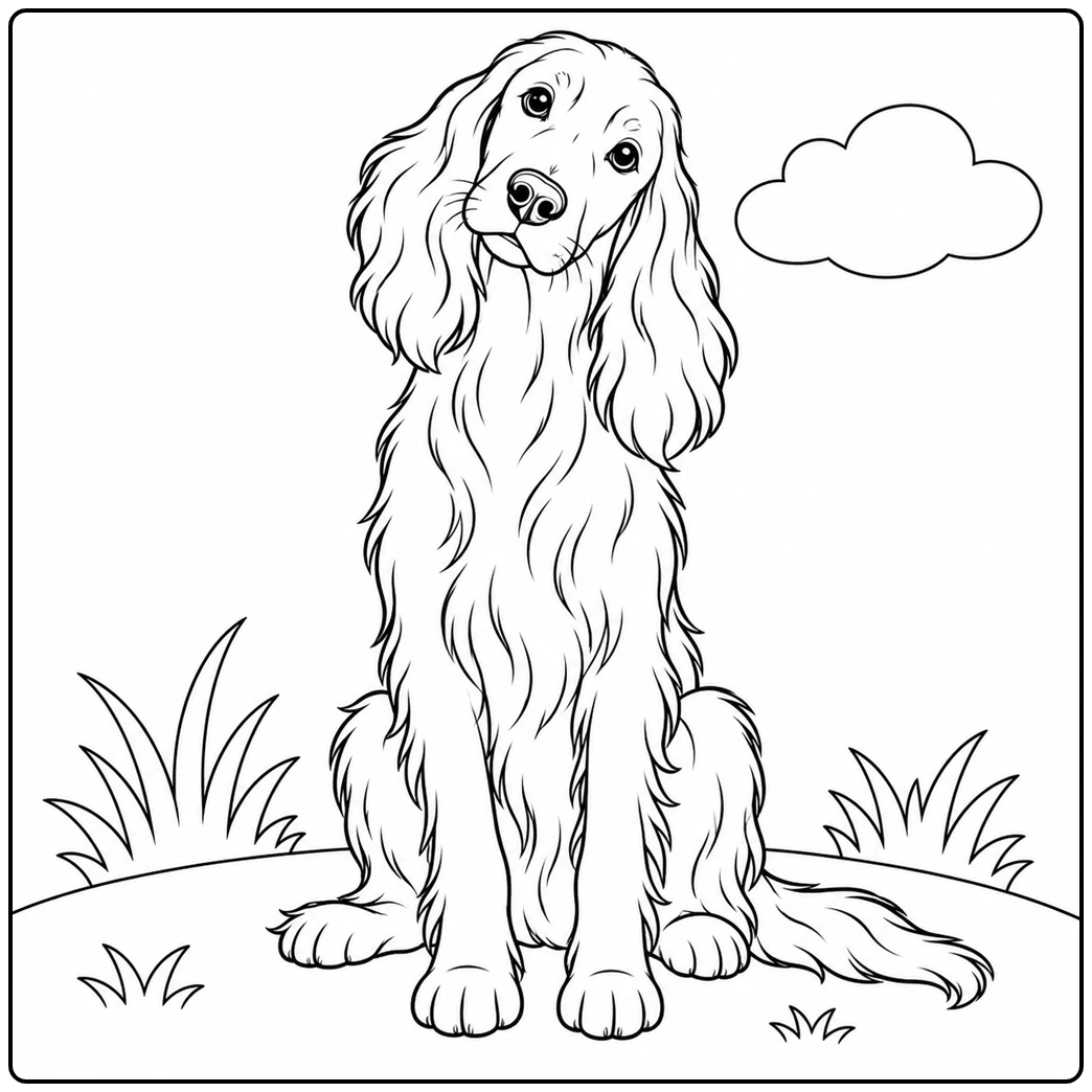 Seated Irish Setter tilts its head curiously with long ears hanging softly on both sides