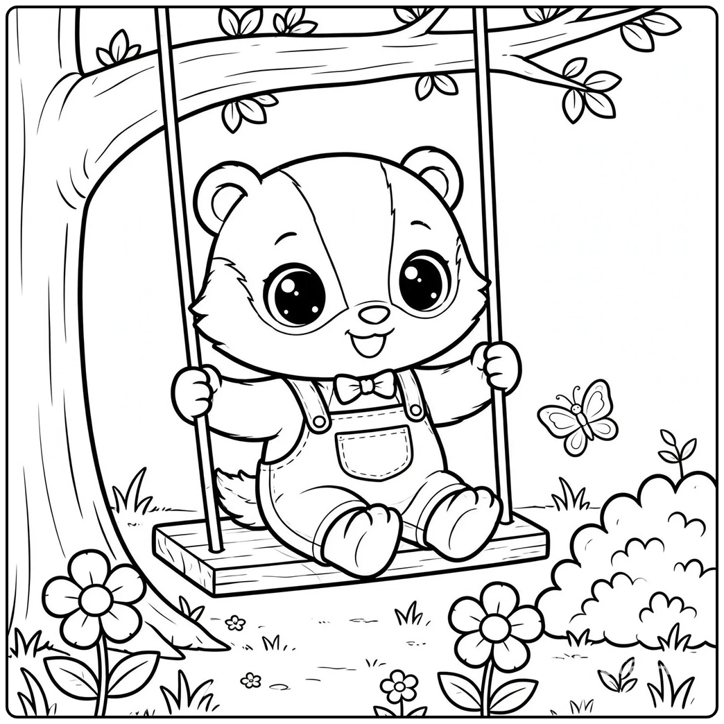 A big-eyed baby badger in overalls rides a tree swing beside flowers and a butterfly.