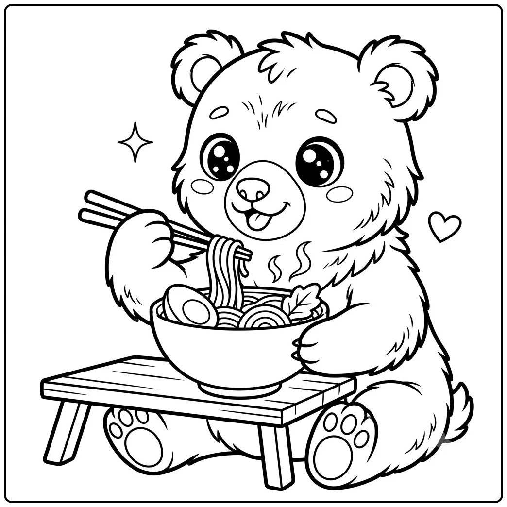 Big-eyed bear lifts ramen noodles with chopsticks beside a steaming bowl on a low table.