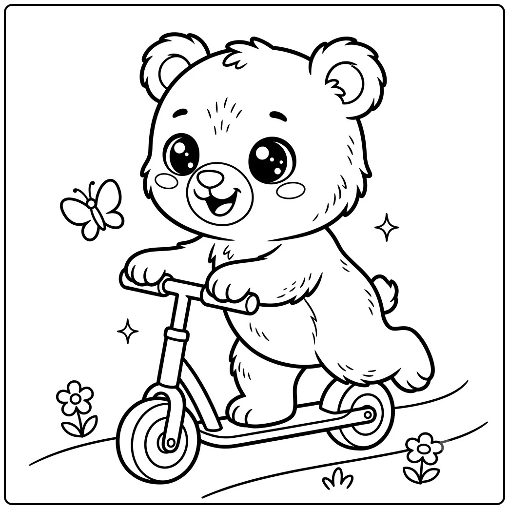 Big-eyed bear rides a scooter past flowers and a butterfly on a simple curved path.