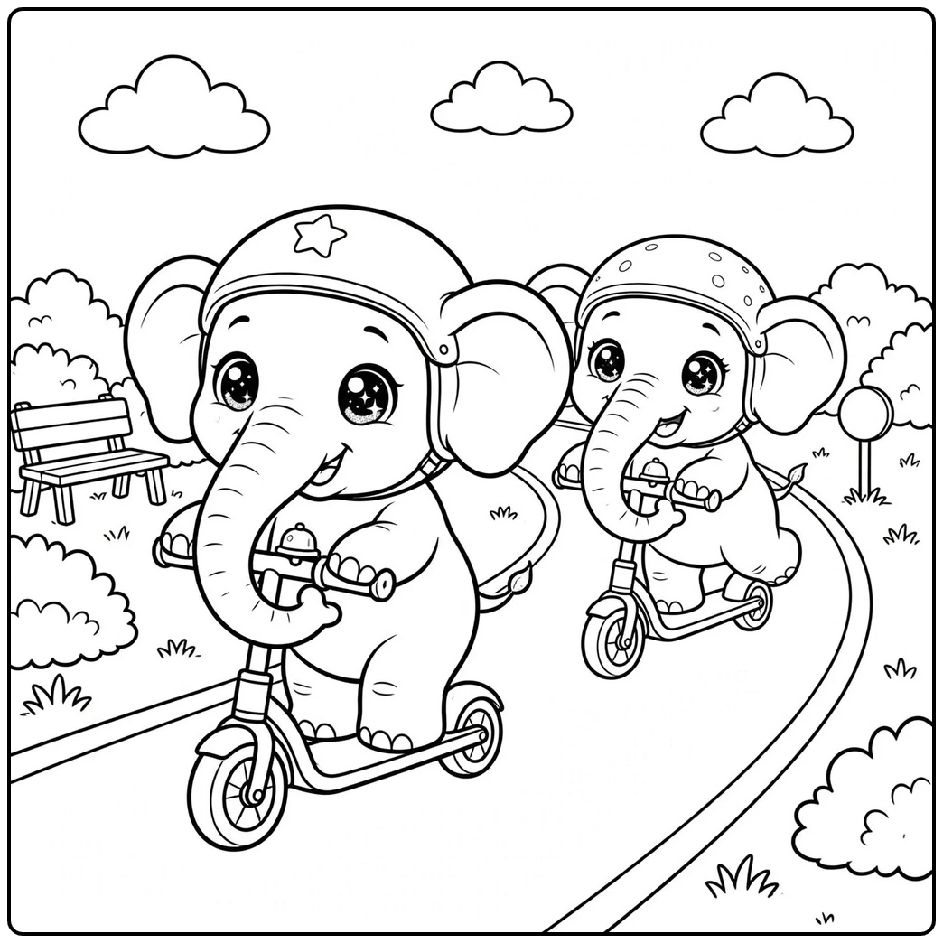Two helmeted riders share a cute baby elephant coloring page scooter adventure