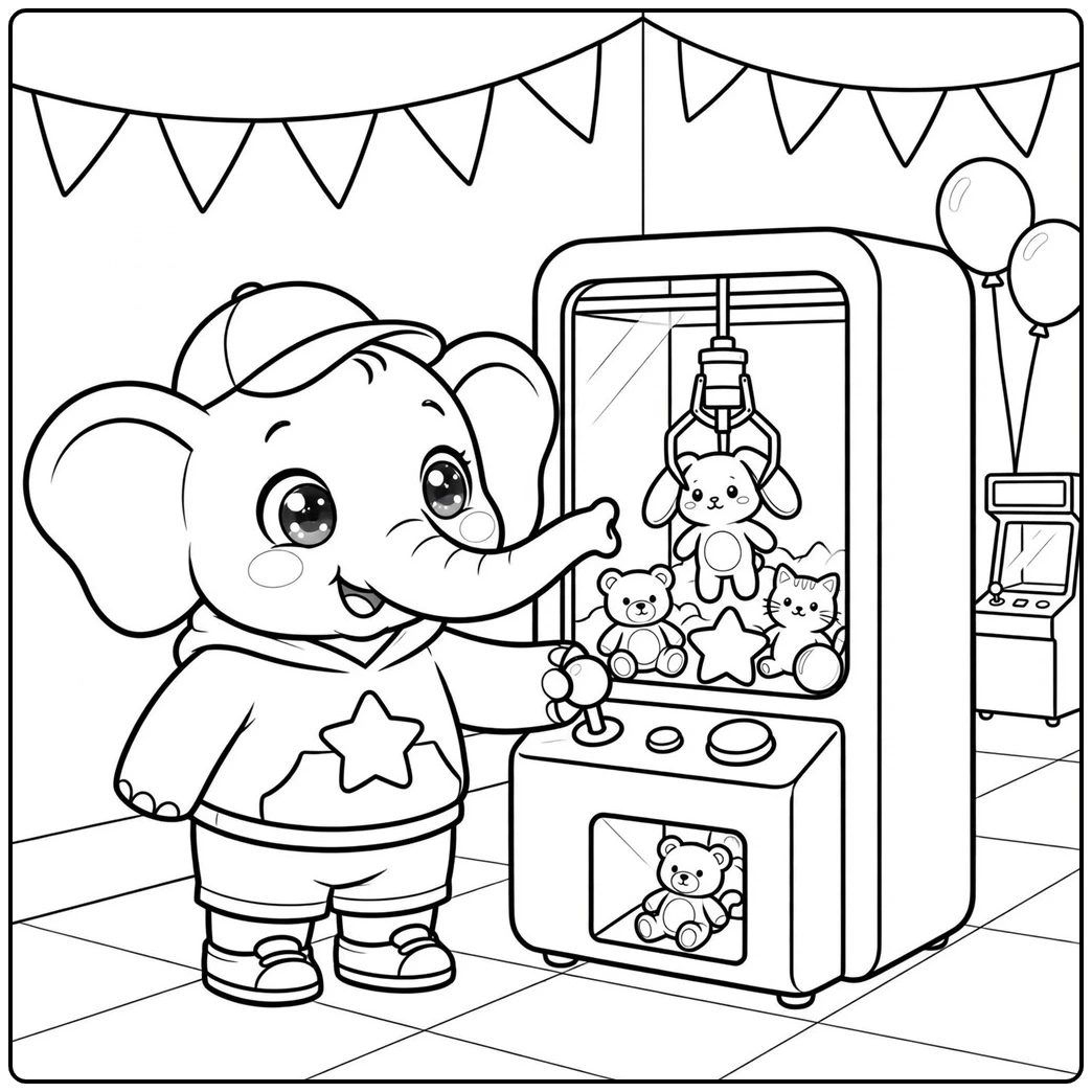 Kawaii elephant coloring page at a claw machine filled with plush toys