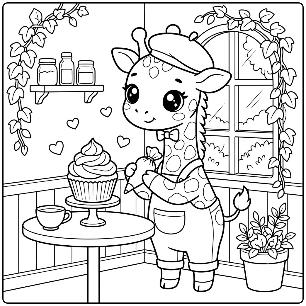 Kawaii giraffe coloring pages feature a dressed giraffe decorating a giant cupcake.