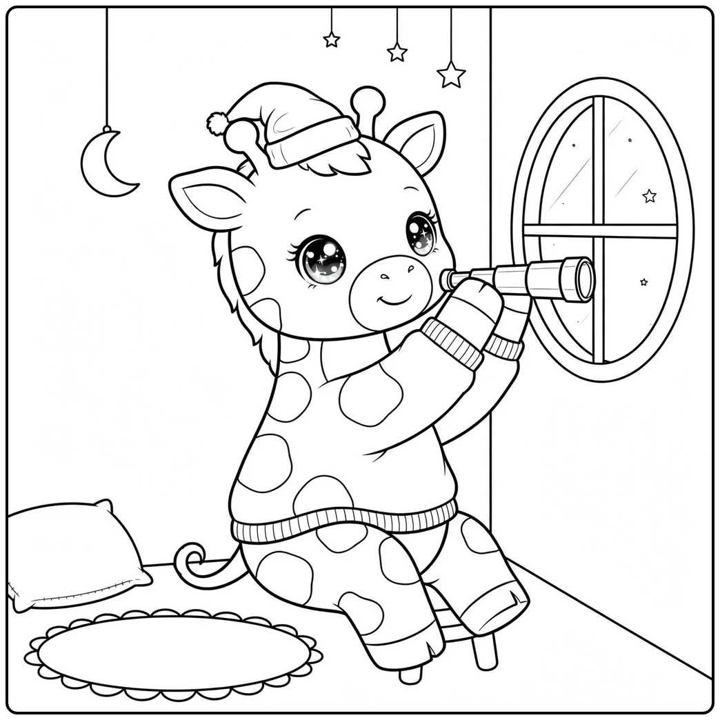 Kawaii stargazing scene in a giraffe coloring page with telescope and moon decor