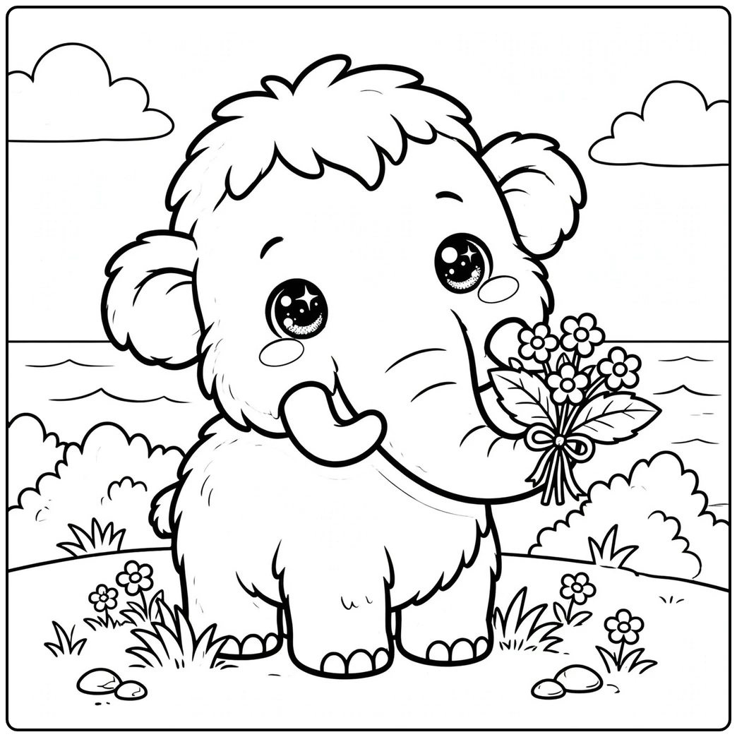 Kawaii mammoth coloring page with a flower bouquet on a grassy seaside hill