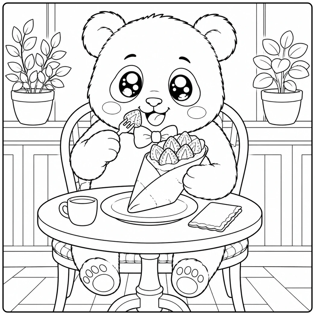 Kawaii panda enjoys a strawberry-filled crepe at a café table with a cup and napkin