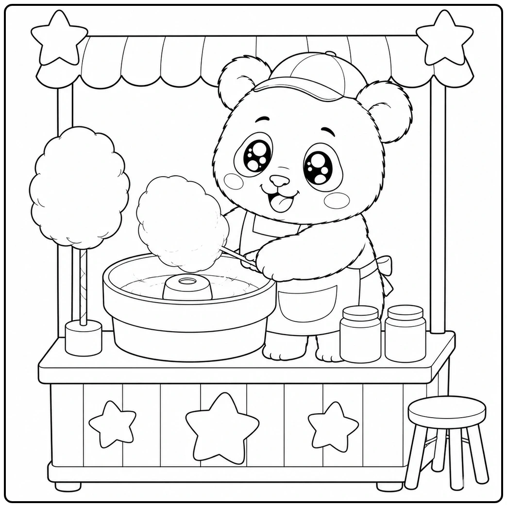 Kawaii panda makes cotton candy at a small stand with jars, stars, and a stool