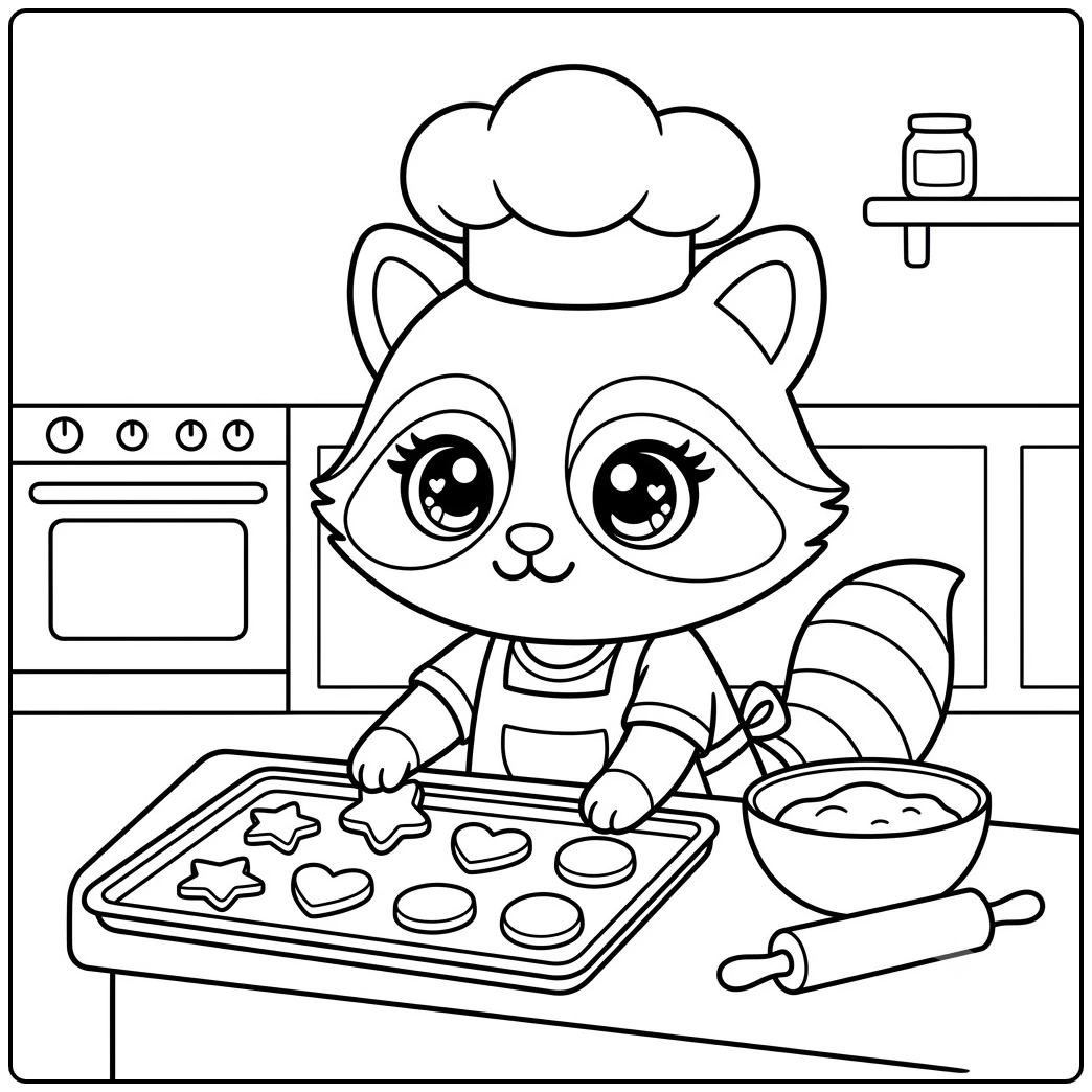 Chef raccoon baking shaped cookies in a cozy kitchen, racoon coloring page