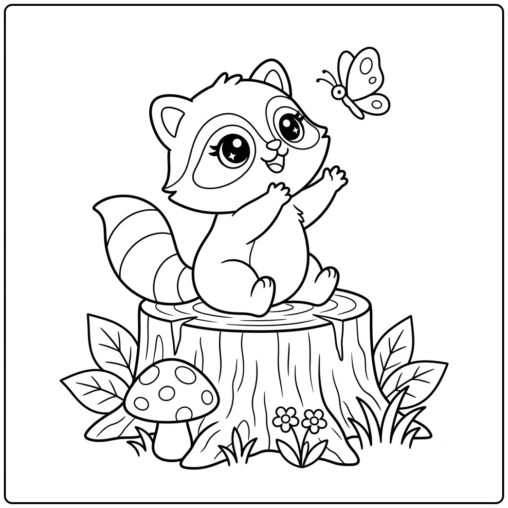 Kawaii raccoon on a tree stump reaching toward a butterfly above woodland flowers
