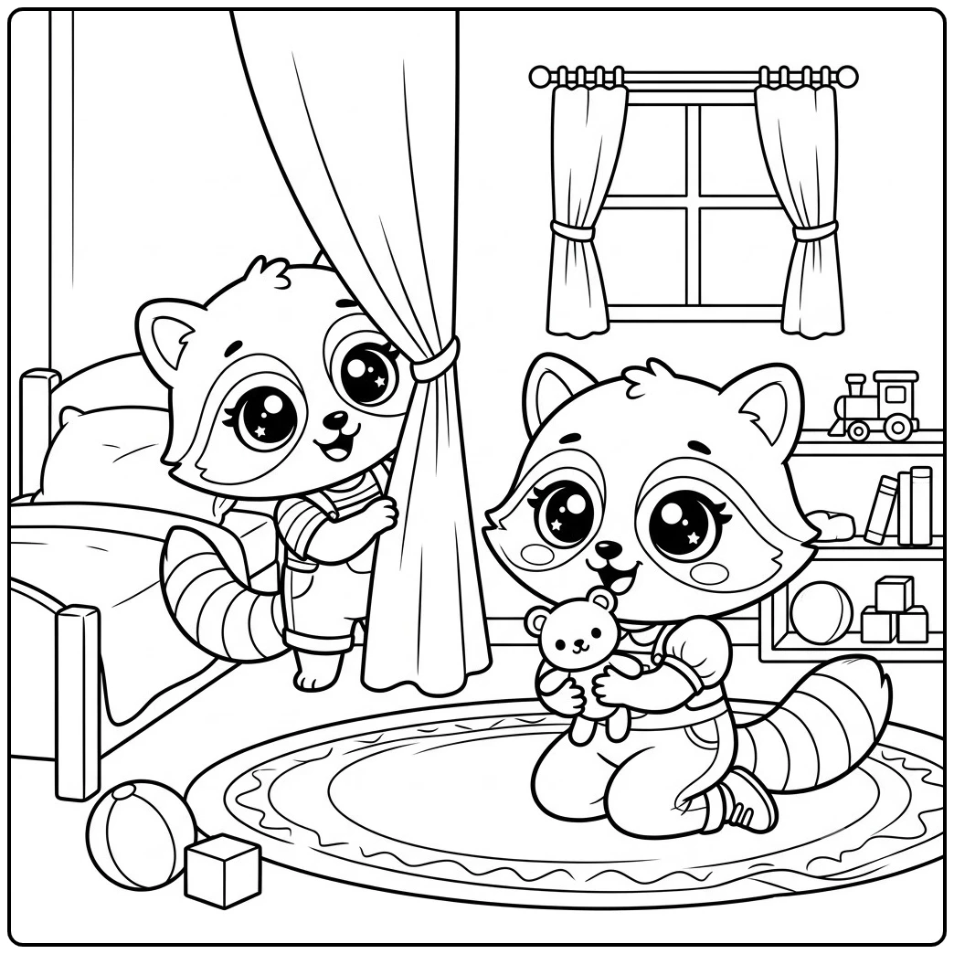 Two dressed raccoons play hide-and-seek with toys inside a cozy bedroom