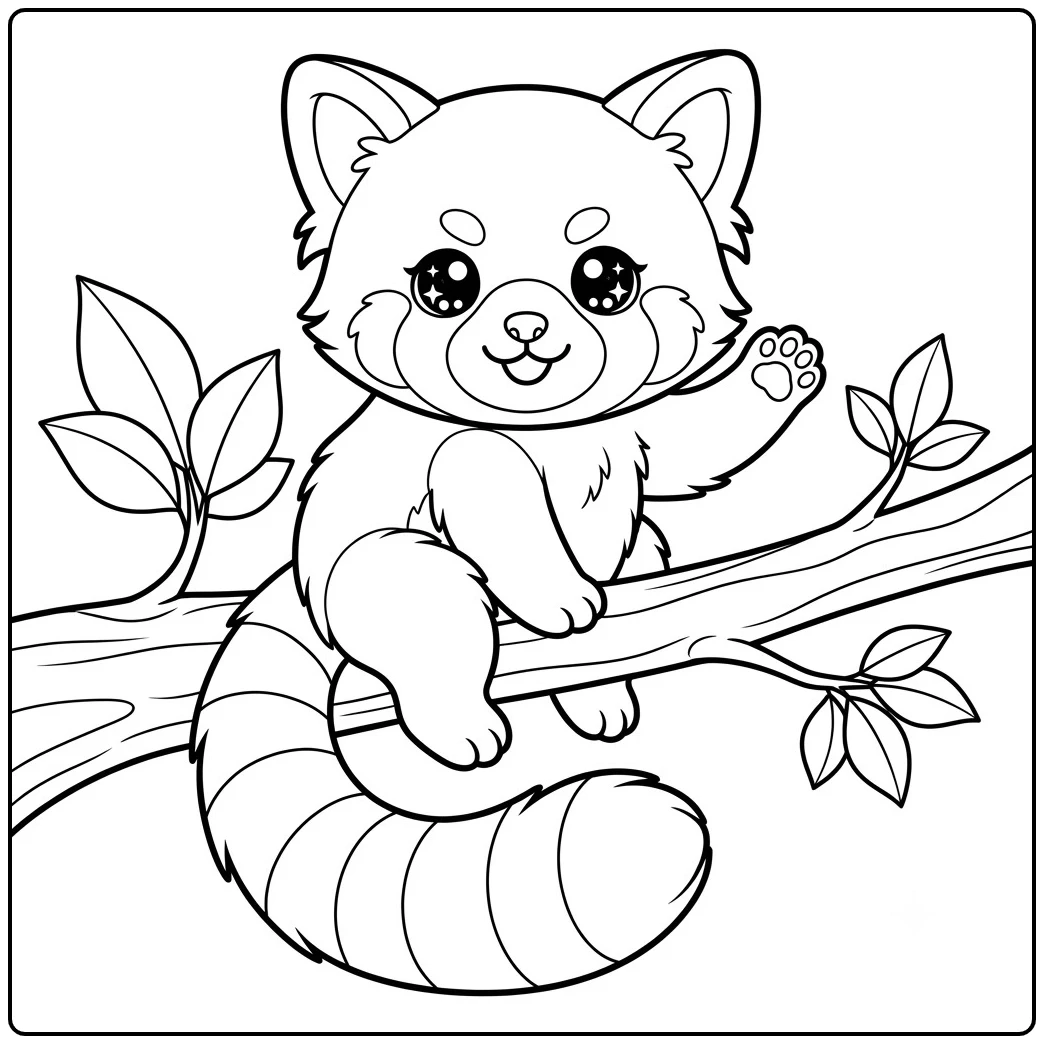Kawaii red panda waving from a leafy branch with a large striped tail
