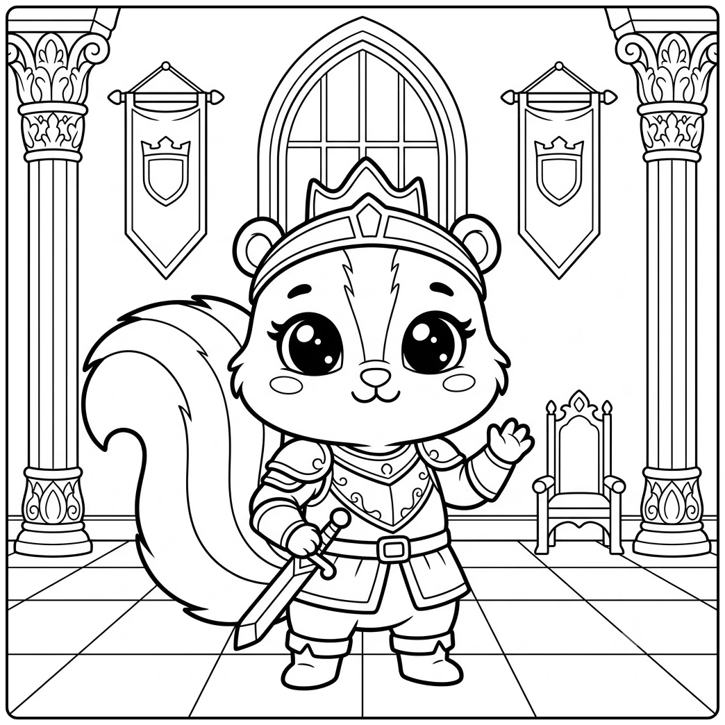 Royal skunk in armor holds a sword inside a palace hall with columns and banners