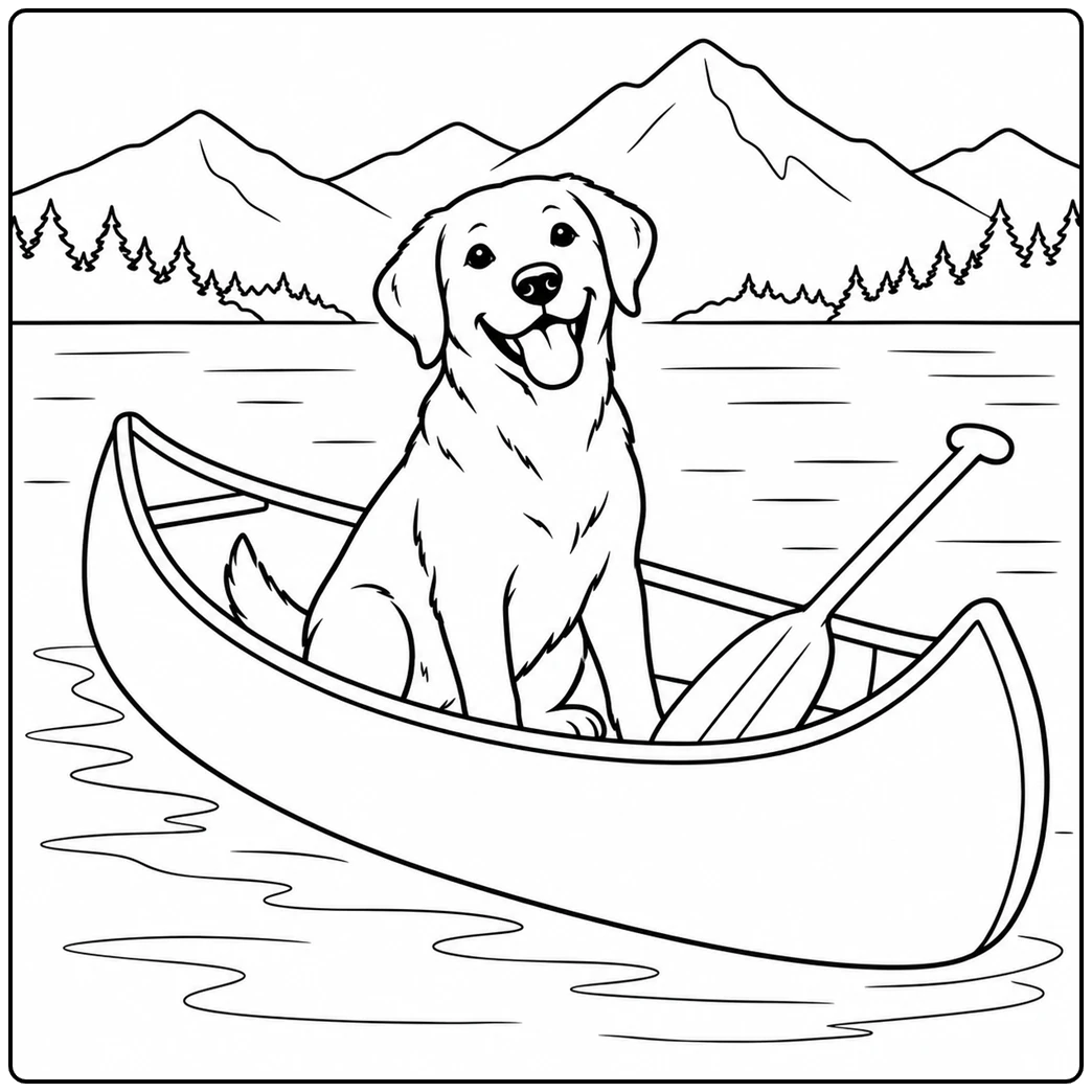 Happy Labrador sits in a canoe on a calm mountain lake beside a large paddle