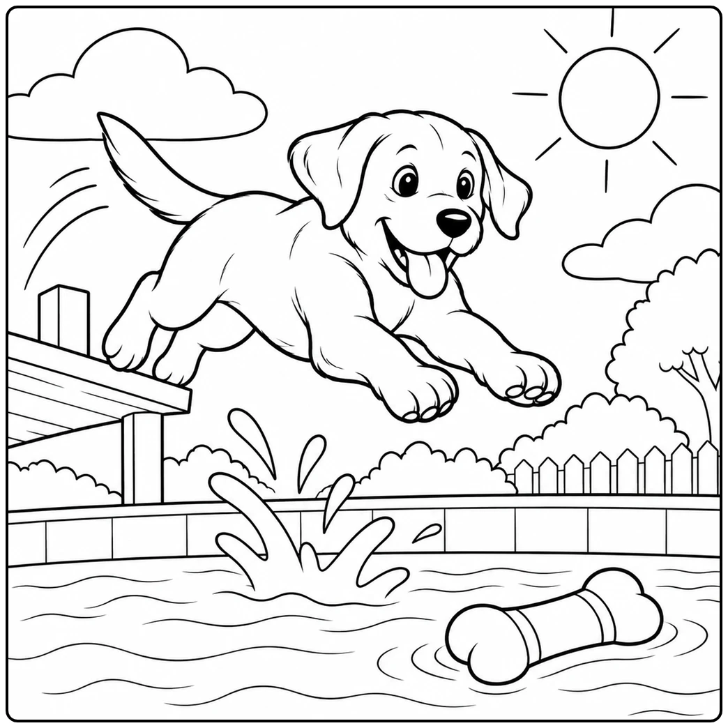 Labrador leaps from a dock toward a floating bone in a sunny backyard pool