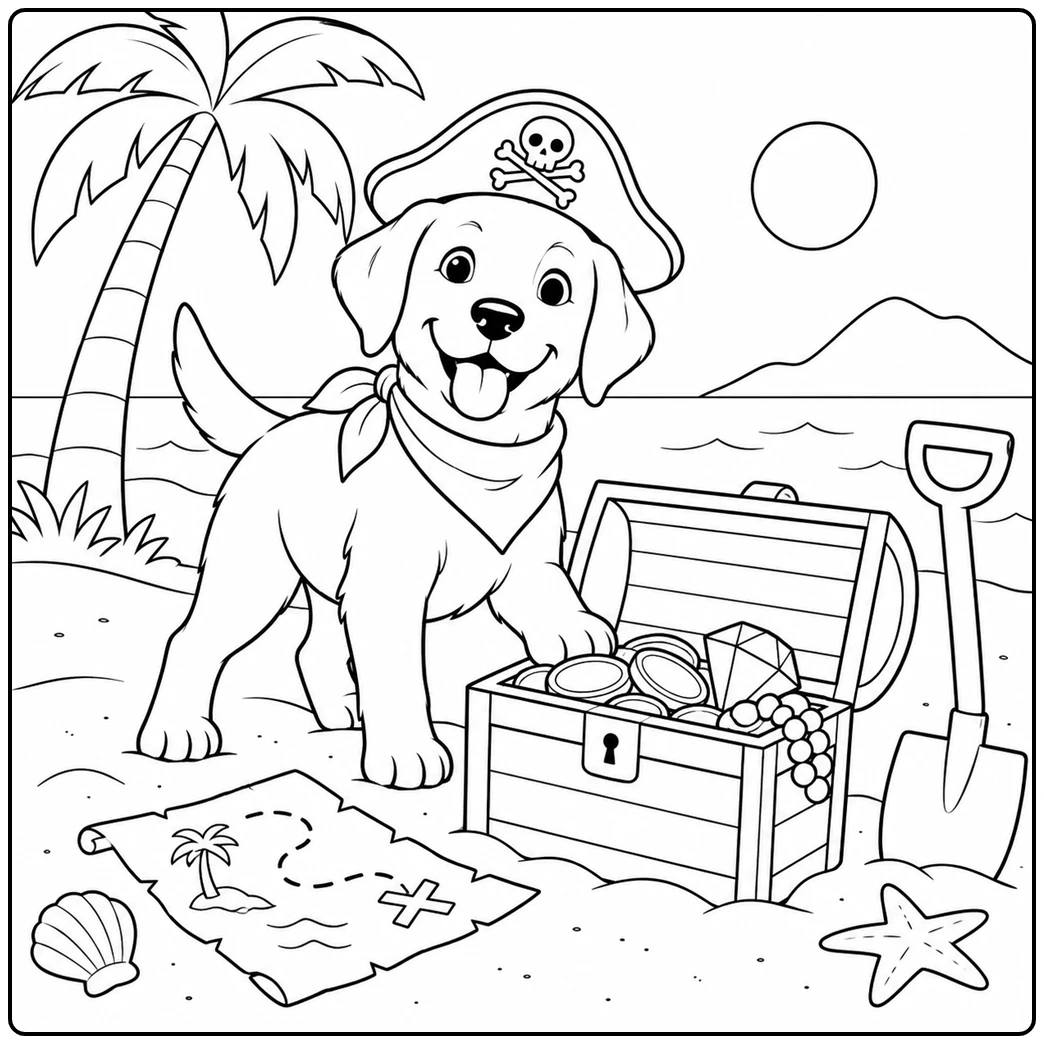 Pirate labrador retriever coloring page with treasure chest, map, and shovel