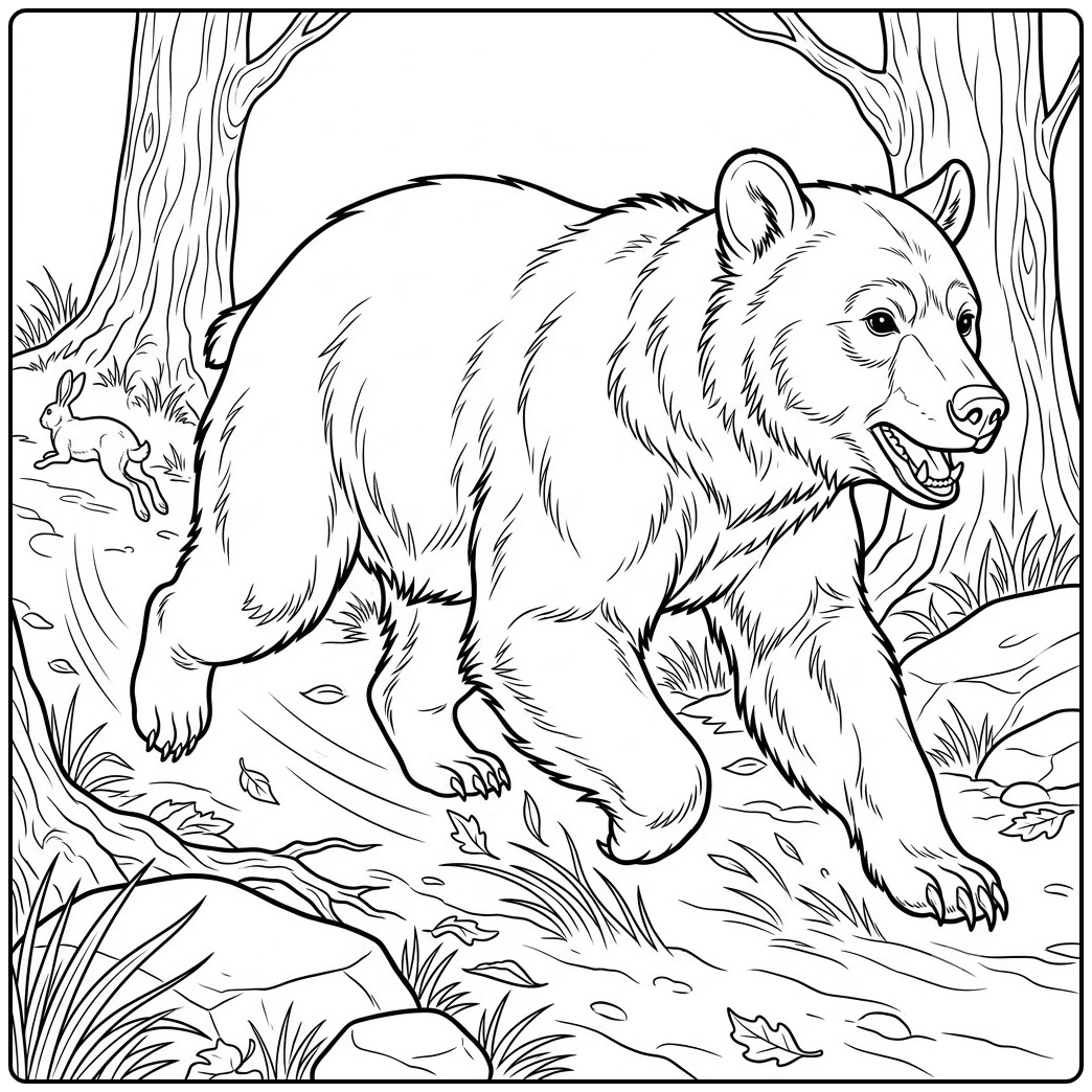 Large forest bear strides between trees while a rabbit runs behind along the woodland trail.