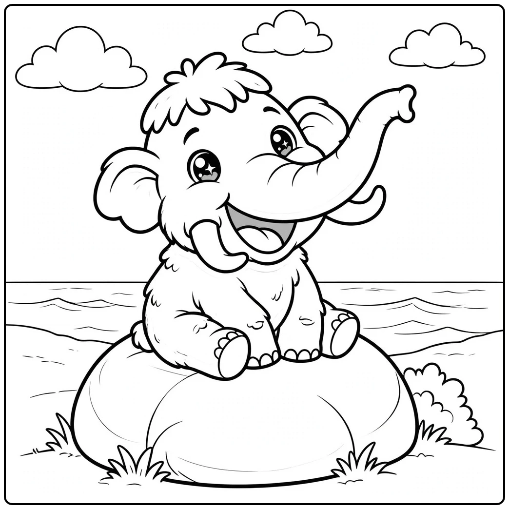 Smiling mammoth sits on a seaside boulder with its trunk raised toward the sky