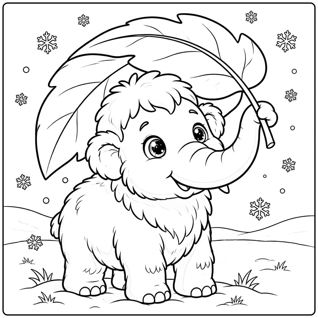 Baby mammoth shelters beneath a giant leaf as snowflakes fall around it.