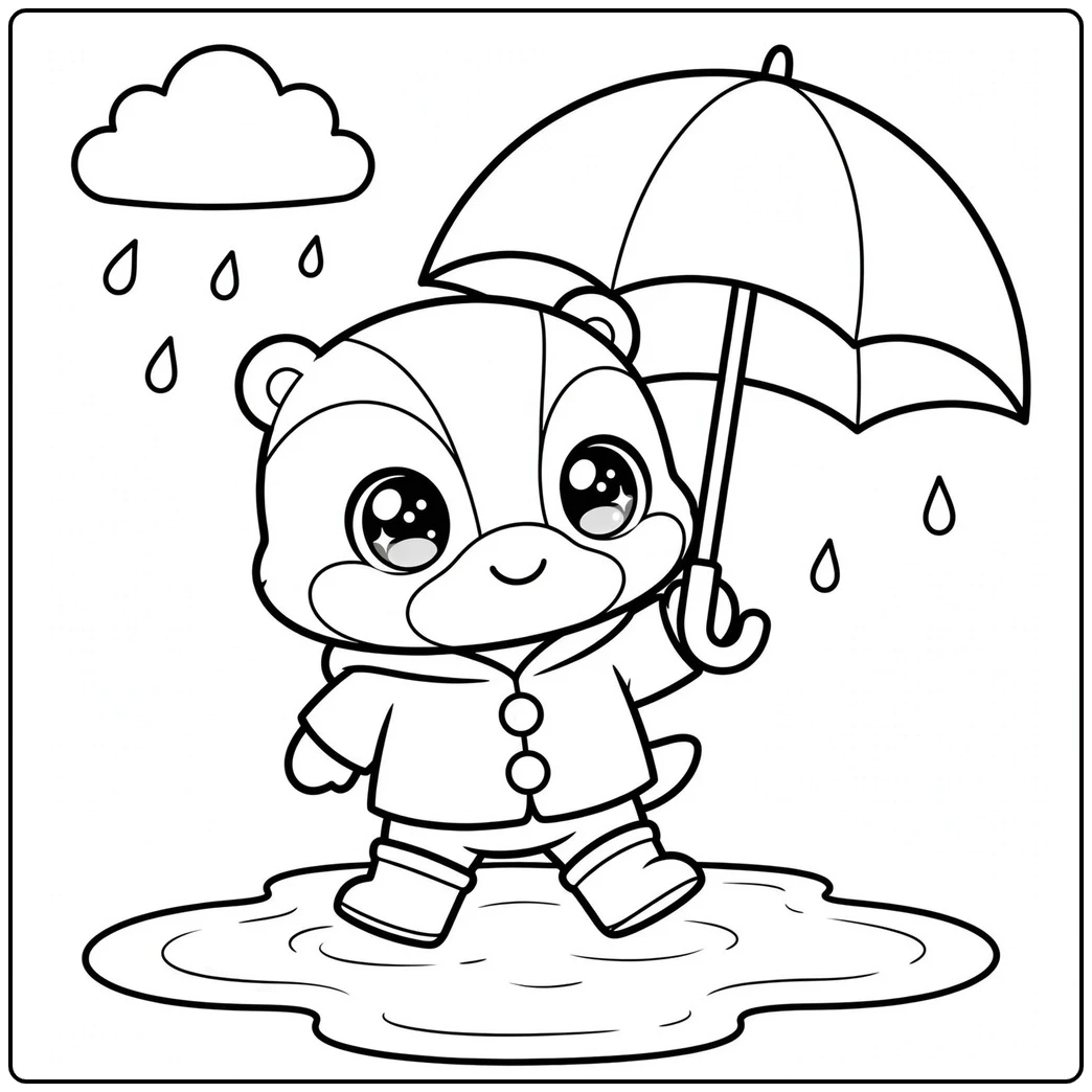 Smiling honey badger in rain boots holds an umbrella over a puddle and raindrops.