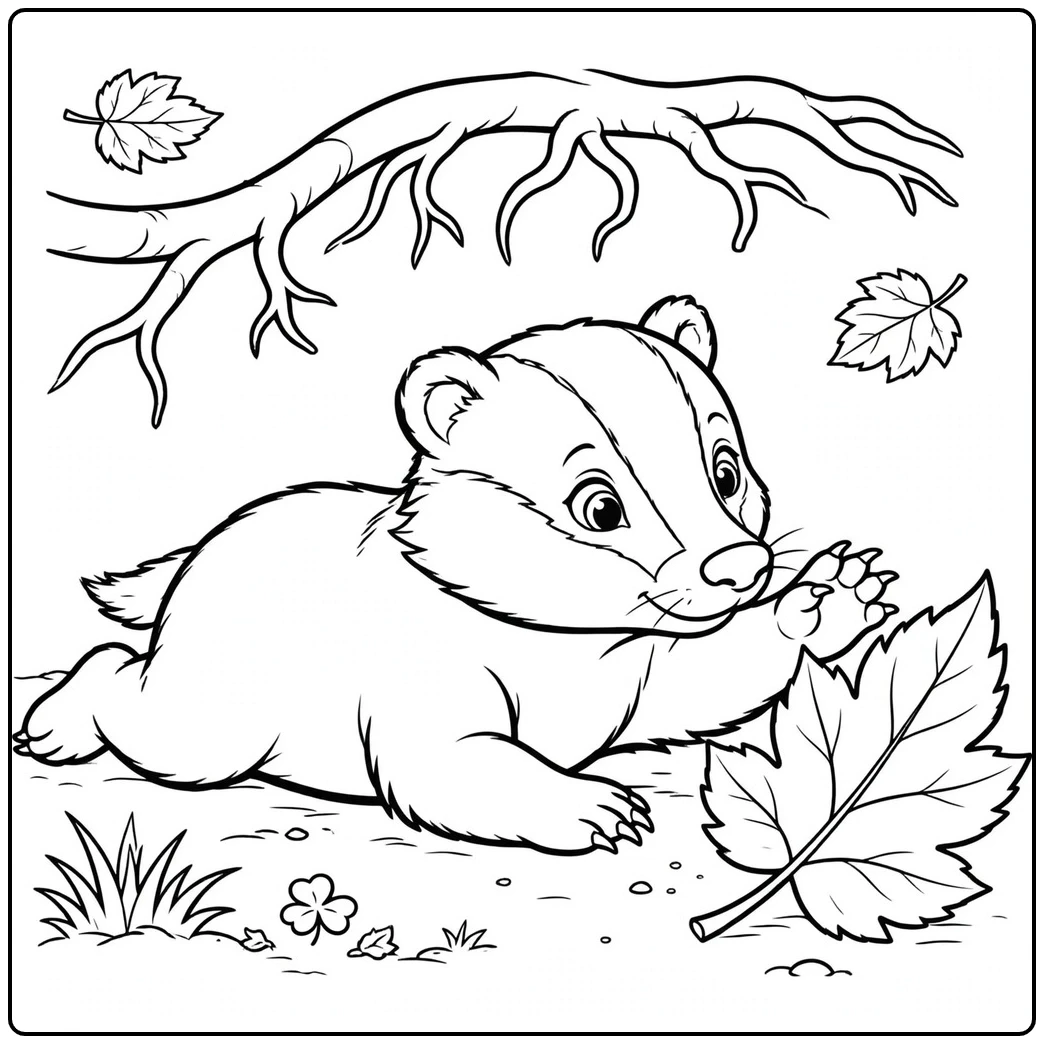 A badger cub reaches for a large fallen leaf beneath an overhanging branch.