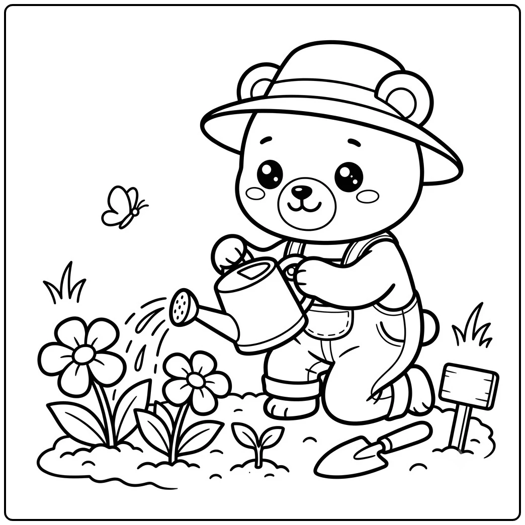 Gardening bear waters two flowers beside a trowel, seedling, and small garden sign.