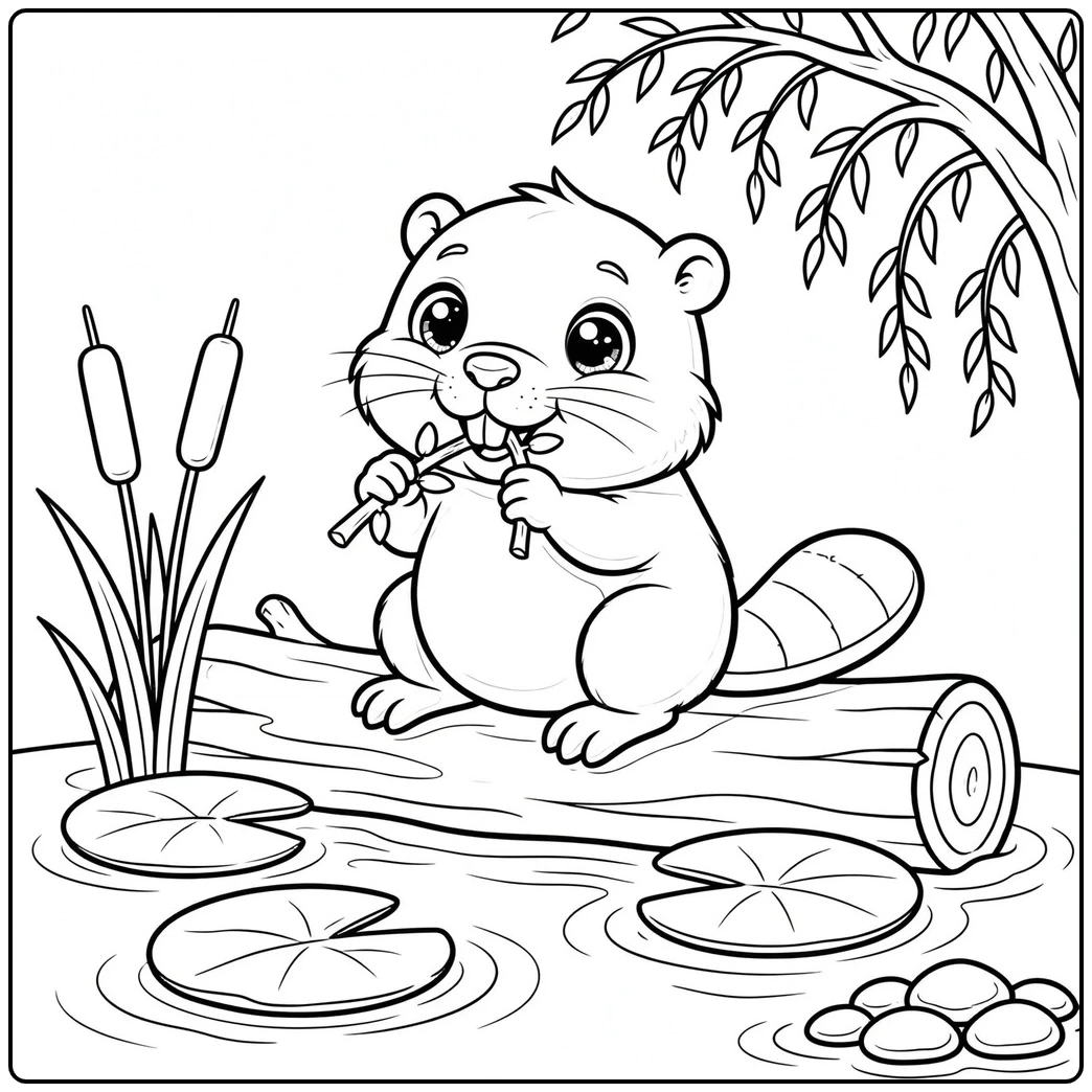 A baby beaver nibbling a willow twig on a log beside cattails and lily pads.