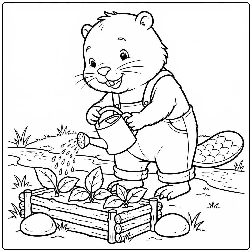 A young beaver in overalls waters leafy plants in a wooden planter beside a creek.