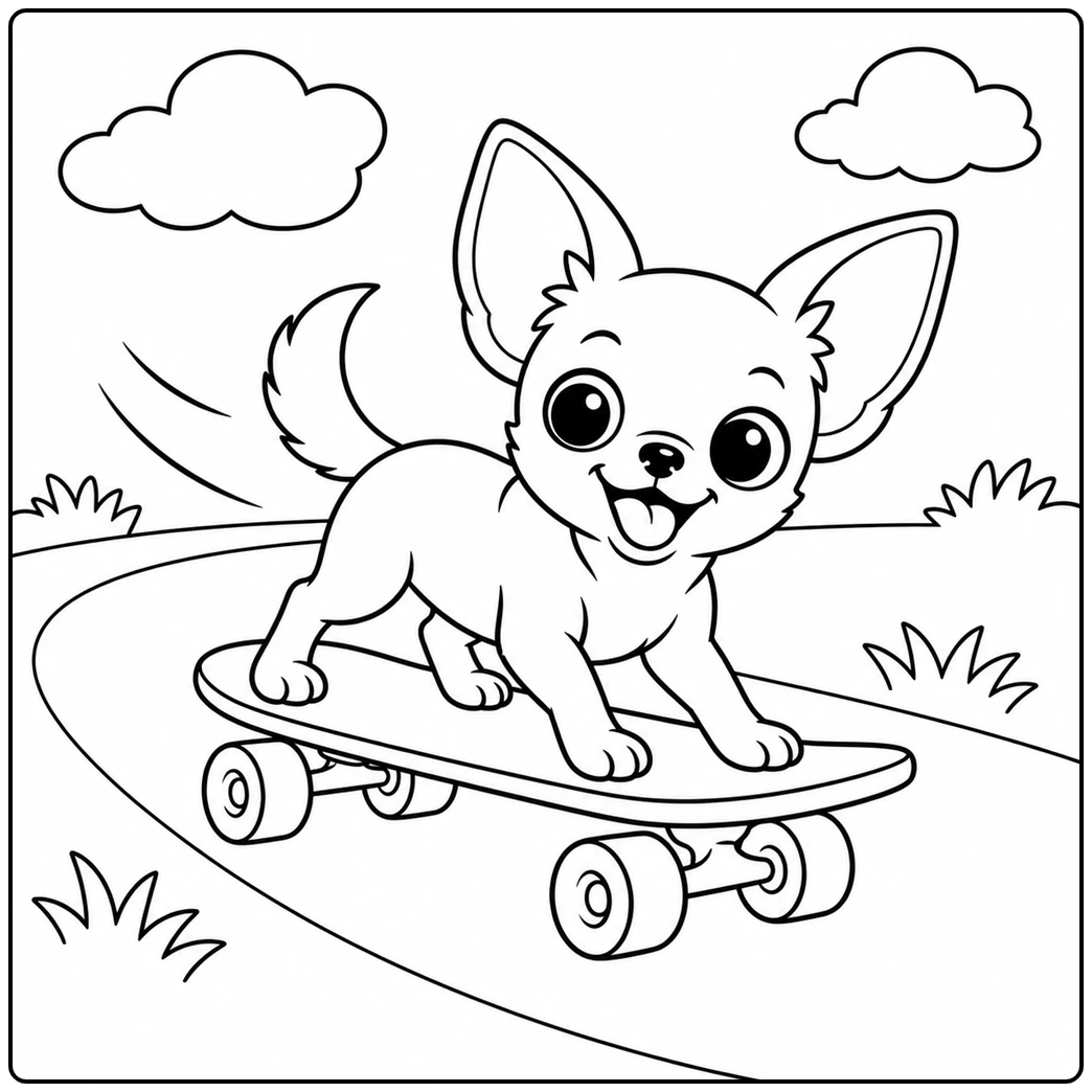 Happy chihuahua coloring page with the little dog balancing on a skateboard outdoors