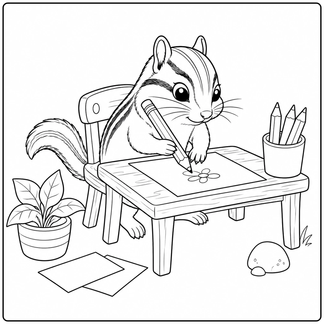Chipmunk seated at a small desk, drawing with a pencil beside papers and a potted plant