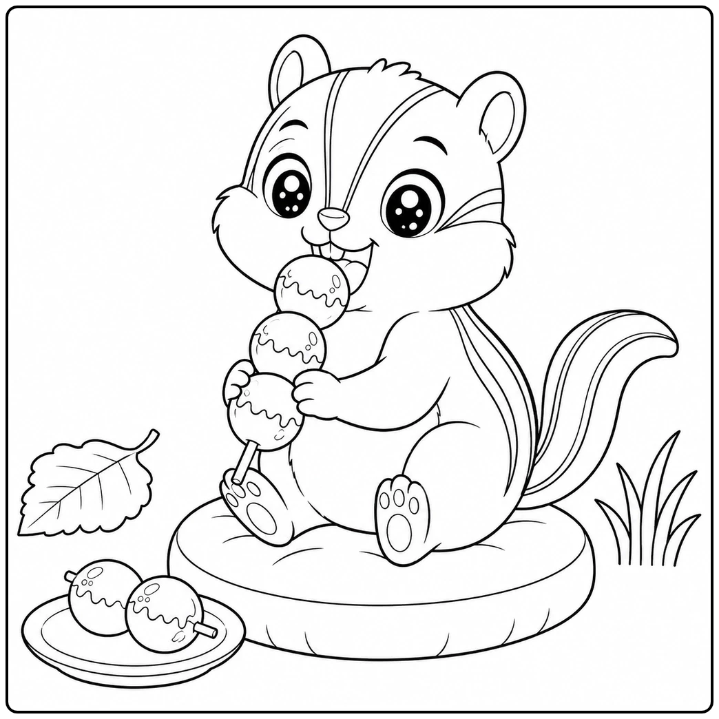 Big-eyed baby chipmunk coloring page featuring a youngster eating candied fruit