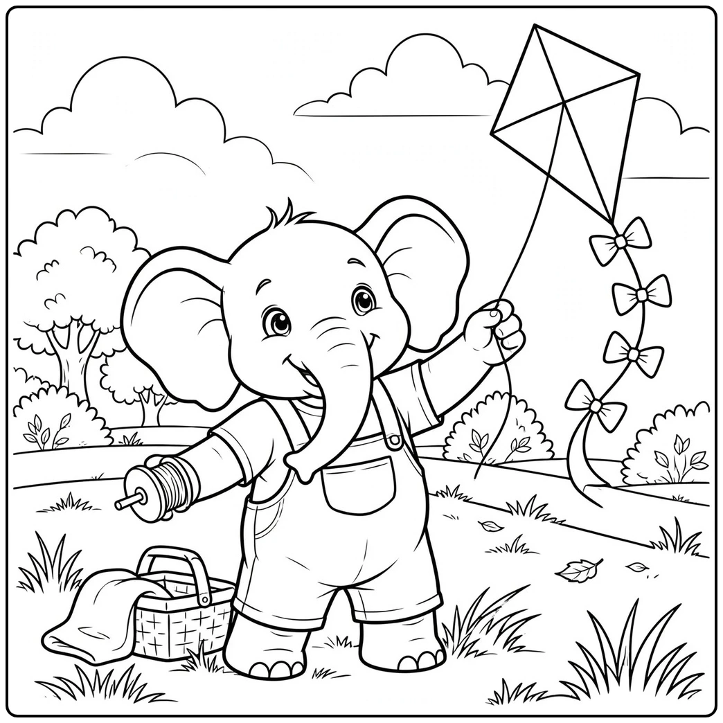 Little elephant in overalls flies a kite while holding the spool in a sunny park