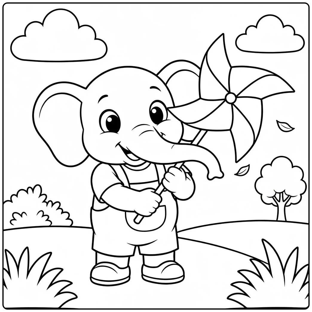 Little elephant holds a large pinwheel outdoors as leaves drift in the breeze