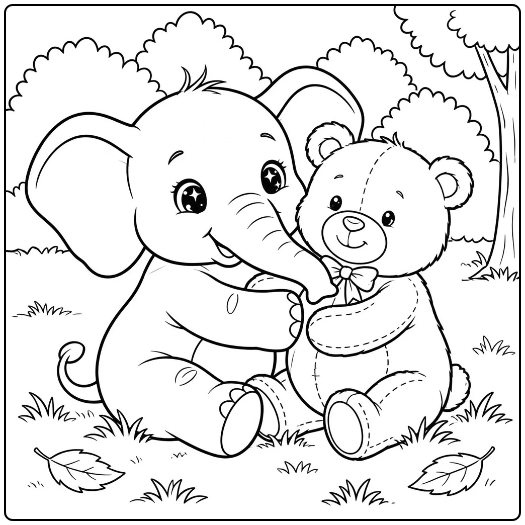 Little elephant hugs a giant teddy bear among grass and fallen leaves