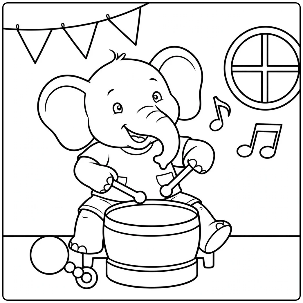 Little elephant plays a toy drum with two sticks in a simple music room
