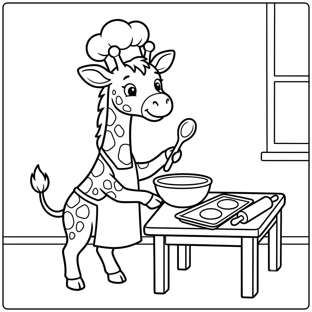 Young giraffe chef bakes beside a mixing bowl in cartoon giraffe coloring pages.