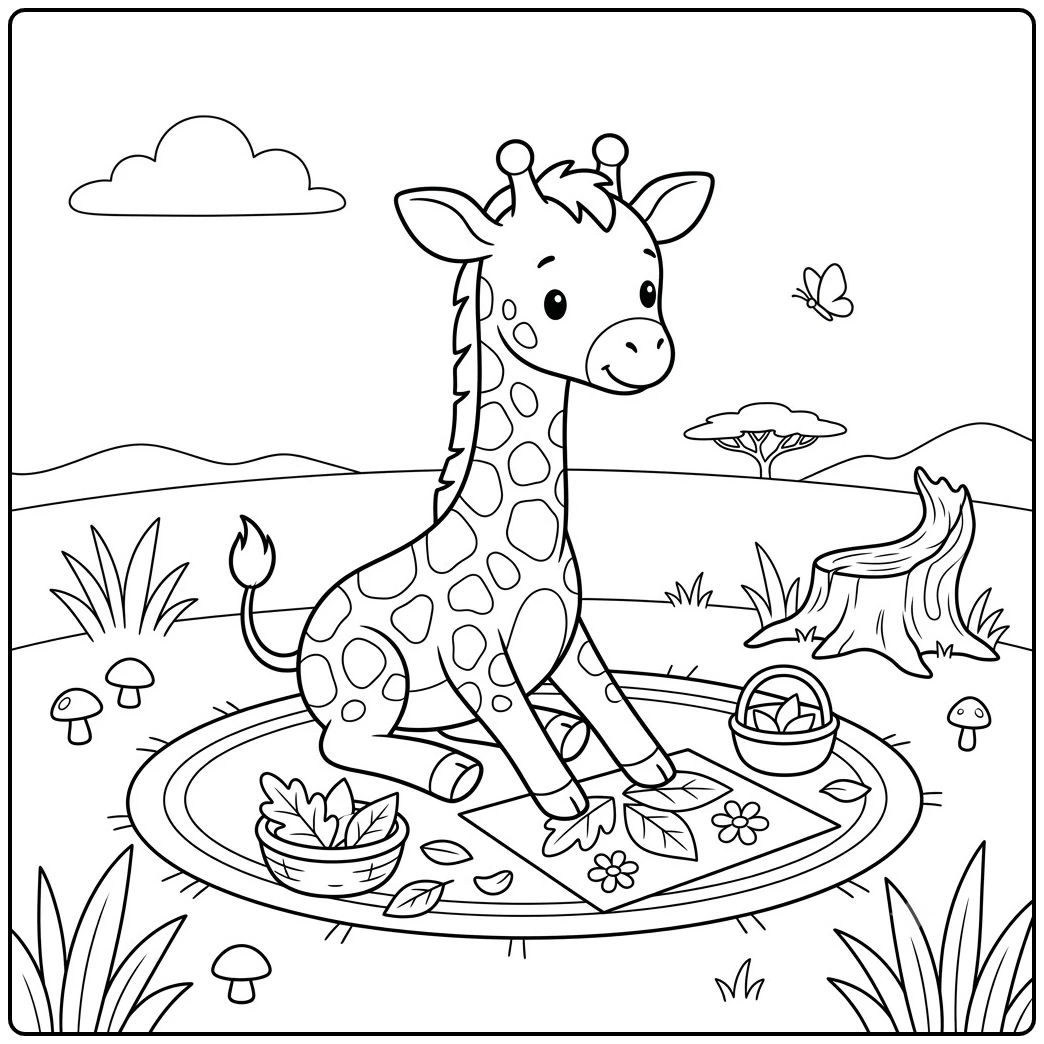 Young giraffe makes a leaf collage on a mat with baskets, mushrooms, and a stump.