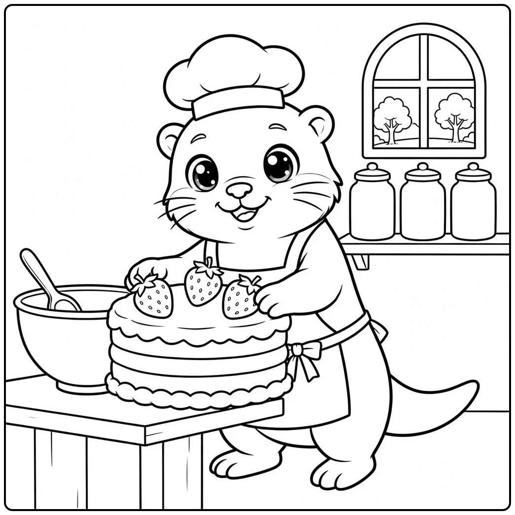 A baker decorates a strawberry cake in this cute otter coloring page with a cozy kitchen.