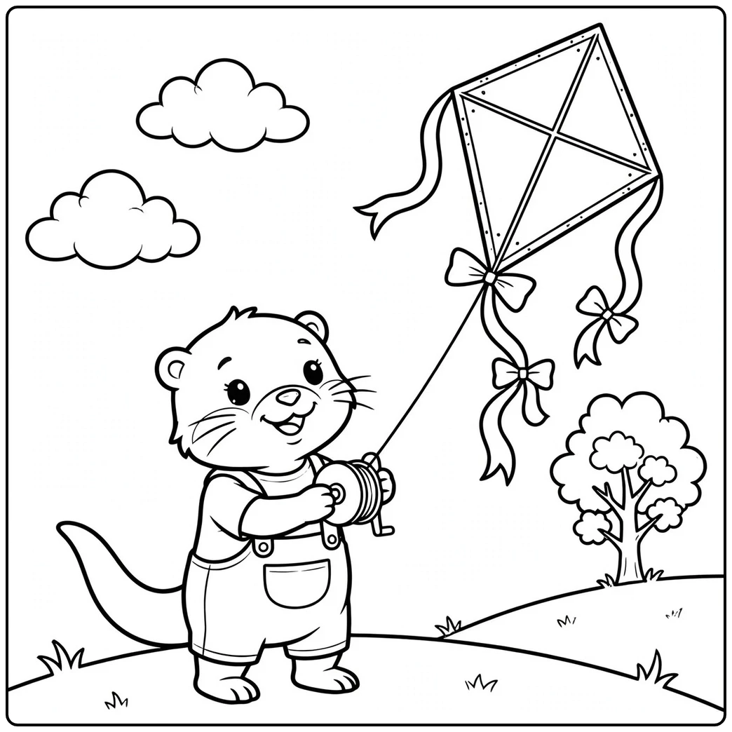 A smiling otter flies a ribbon-tailed kite in this otter coloring page for kids.