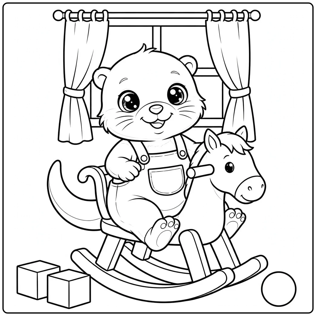 Rocking horse playtime in a cute baby otter coloring page with toy blocks and a ball.