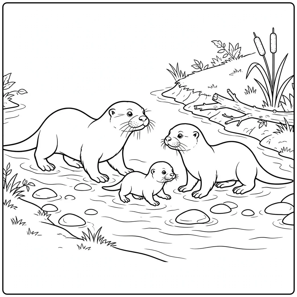 Two adult river otters accompany their little pup across a shallow woodland stream.