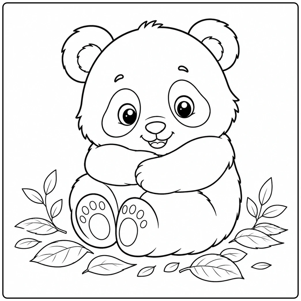 Curled panda hugging its paws in a cute baby panda coloring page with fallen leaves