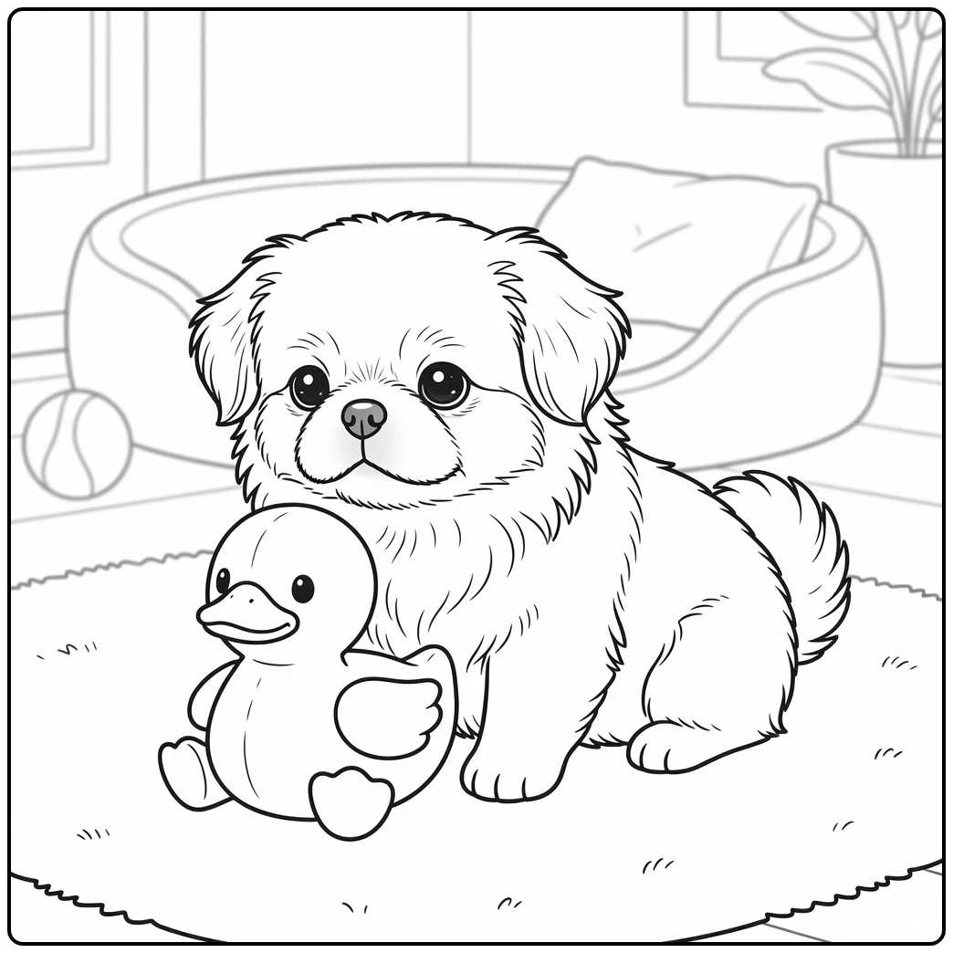 Pekingese puppy watching a duck toy while resting on a soft indoor rug