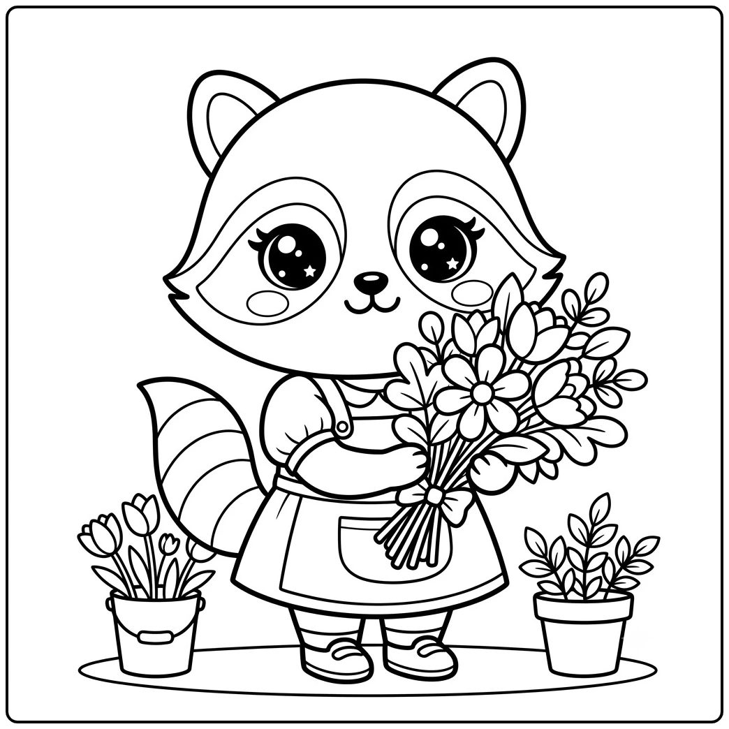 Raccoon holding a flower bouquet in this cute racoon coloring page
