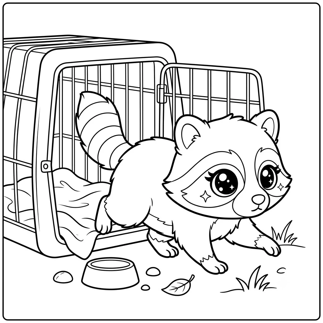 Baby raccoon tiptoes from an open cage in this racoon coloring page