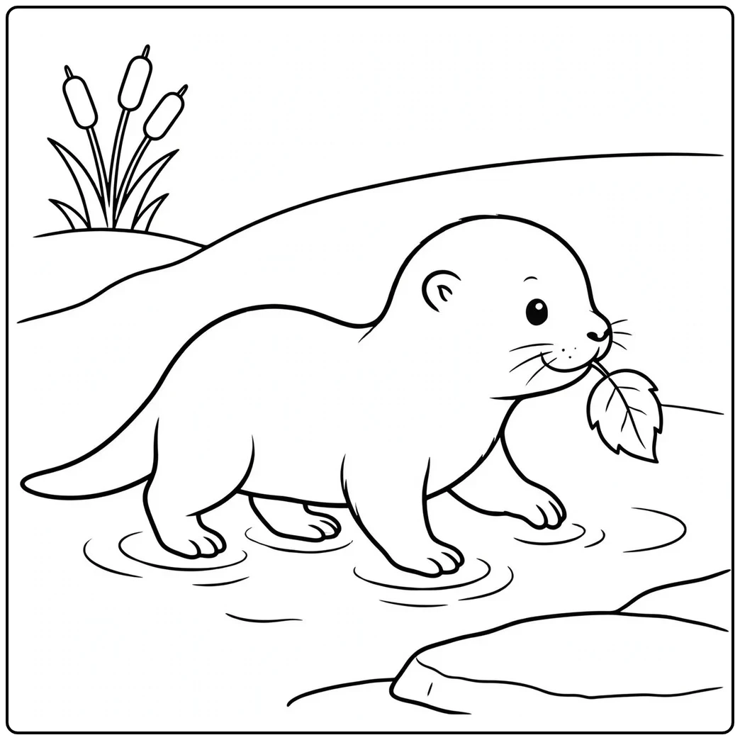 A baby river otter walks through shallow water with a leaf held in its mouth.