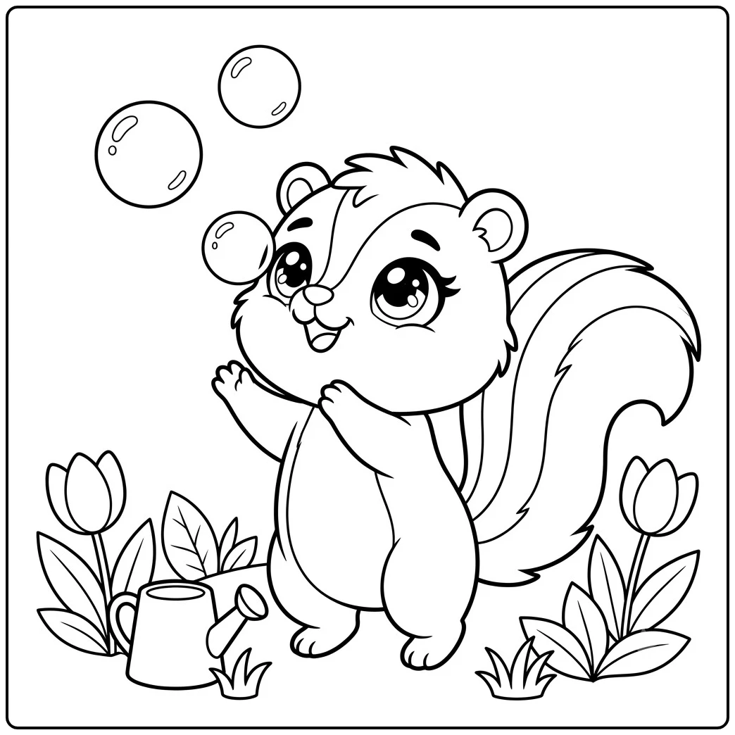 Young skunk reaches for floating bubbles beside tulips and a small watering can